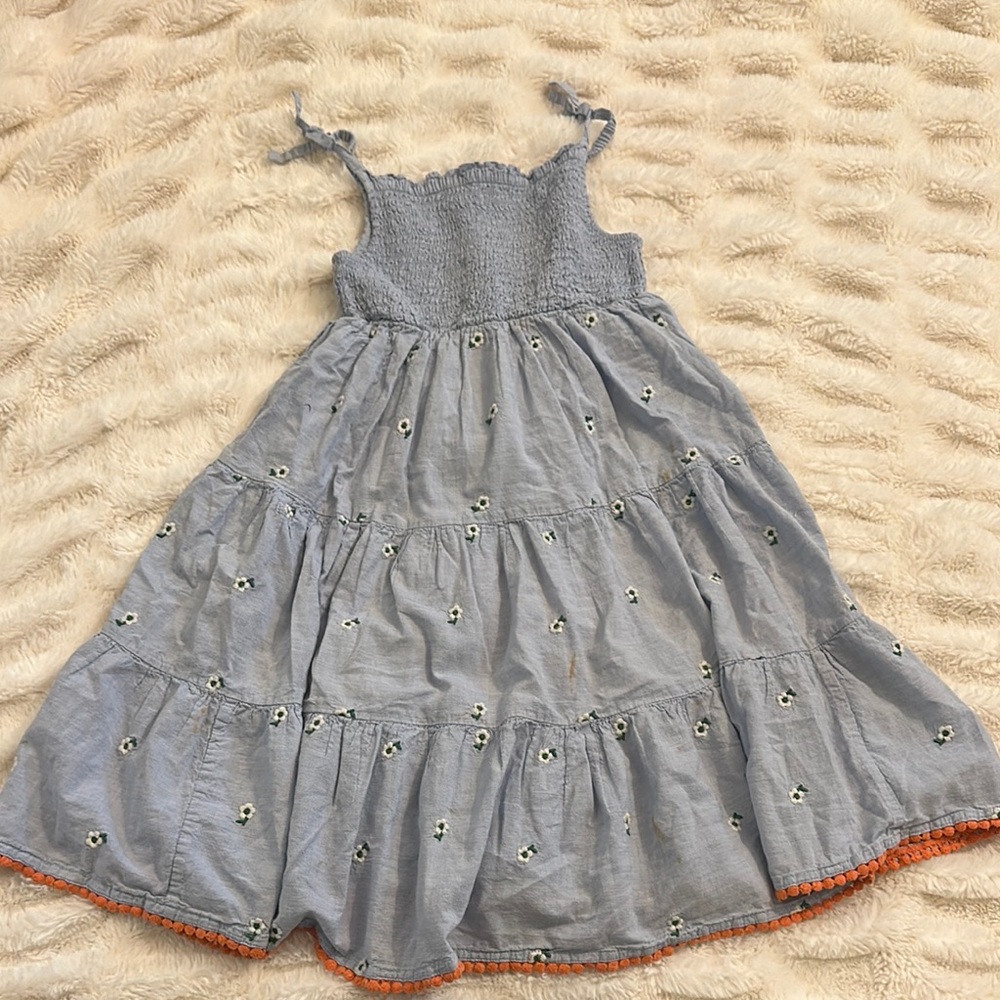 Mini Boden Kids Dress in Sky Blue with Floral Accents and Tie Strap Sleeves